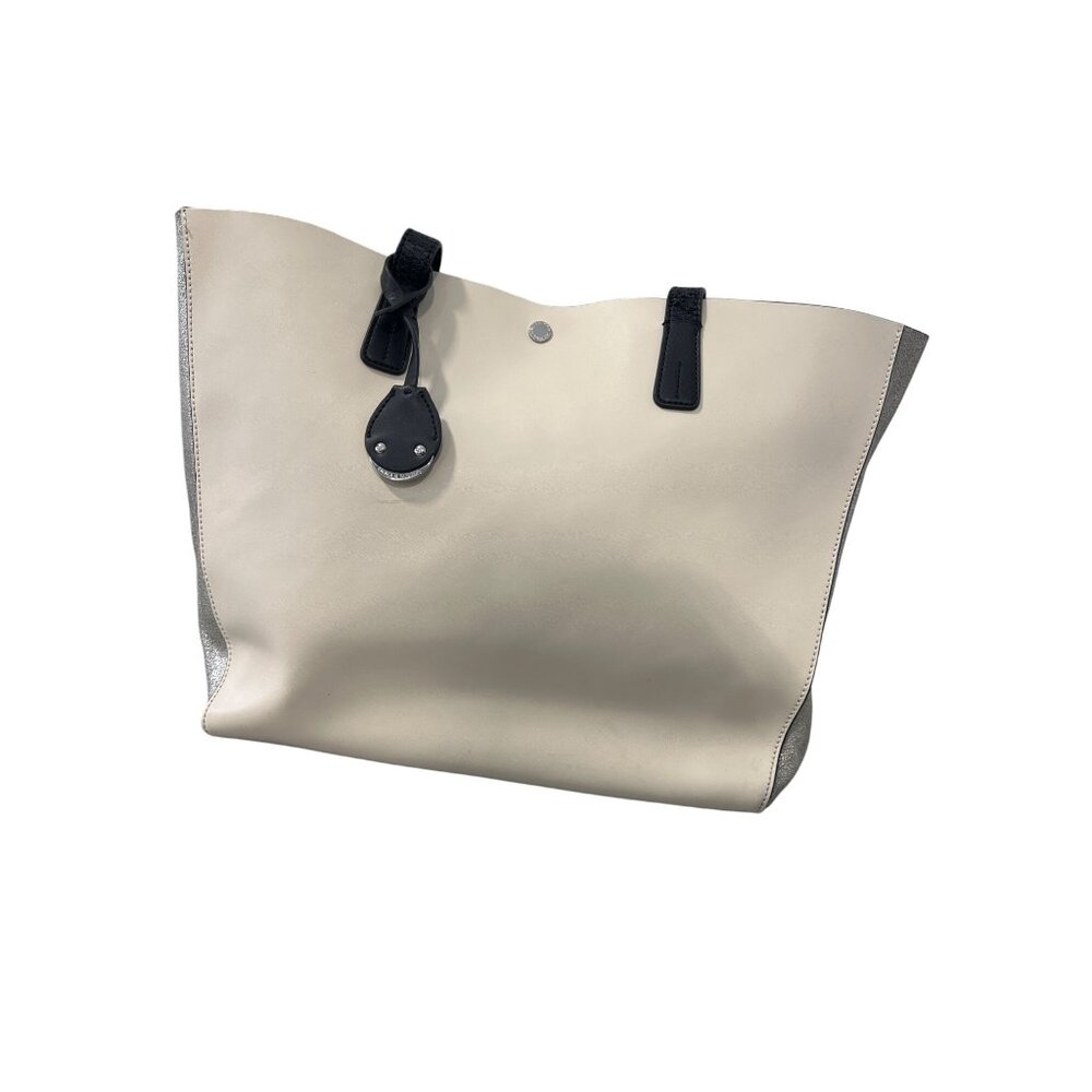 Emma and Sophia Tote Shoulder Bag Double Handles Metallic Silver Cream Neutral